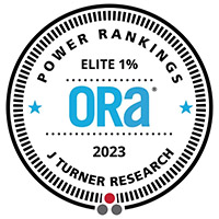 Circular badge logo reading "Power Rankings, ORA, Elite 1% 2023, J Turner Research." Black text on white background with light blue "ORA" and decorative stars.