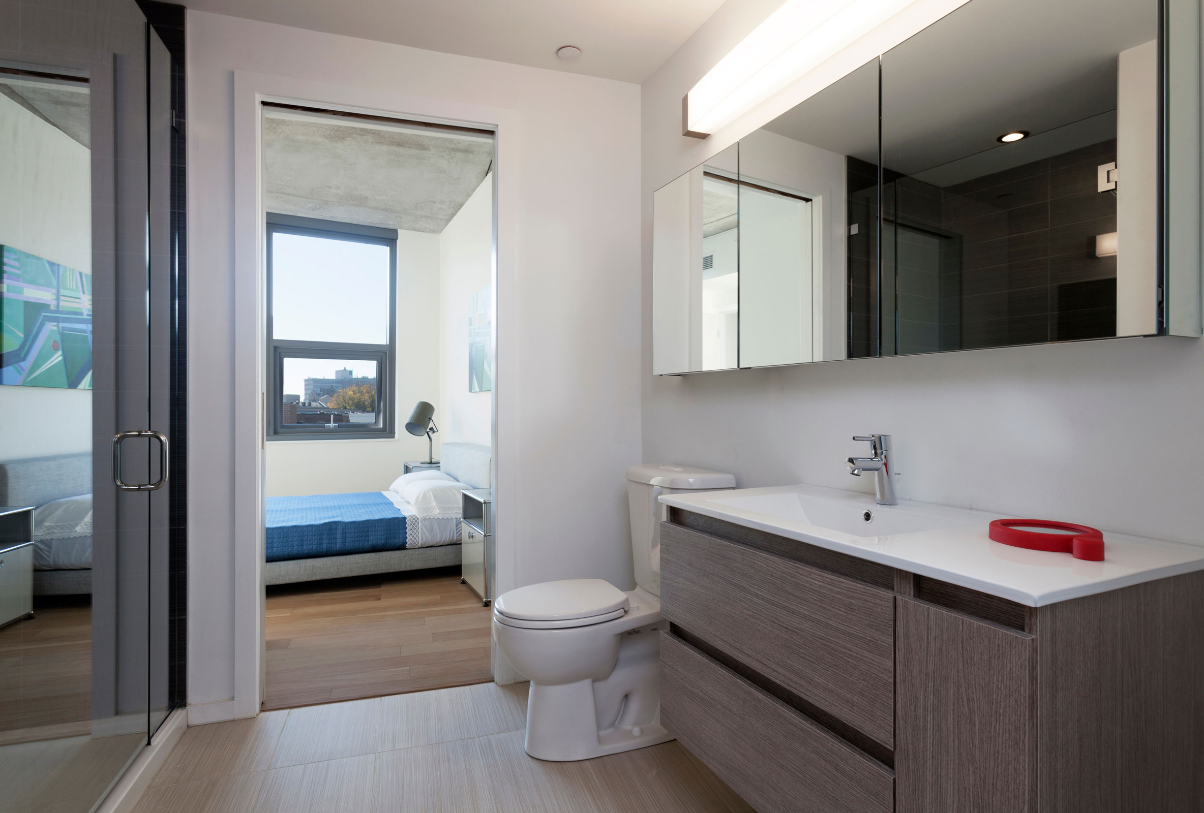 Modern bathroom with a grey vanity, large mirror, and a red bowl. Through the doorway, a bedroom with a blue bedspread and a window view is visible.