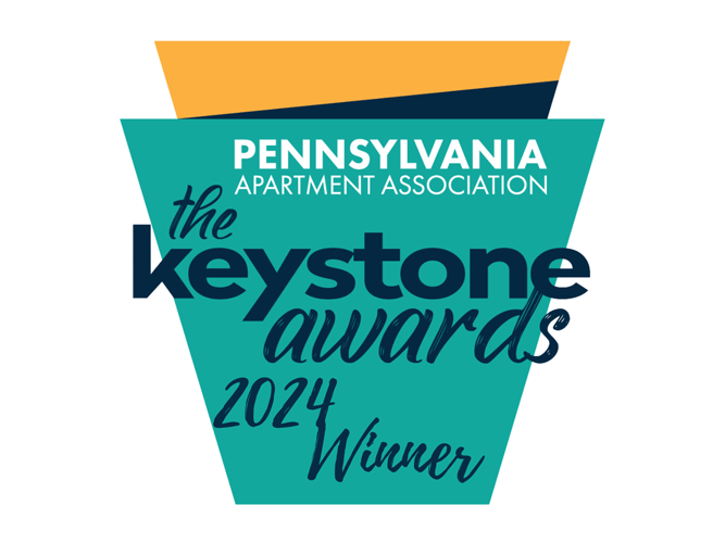 Award logo for the Pennsylvania Apartment Association's 2024 Keystone Awards Winner, in teal and orange tones.